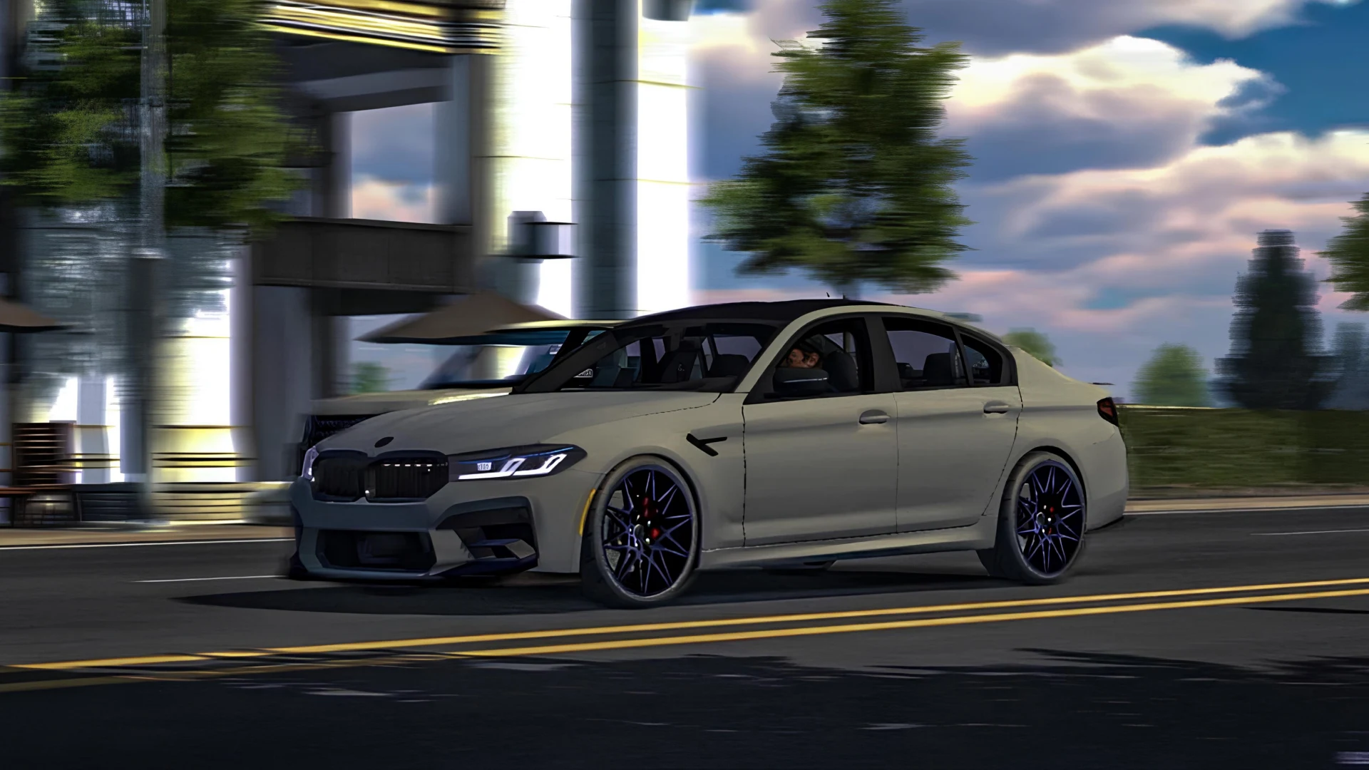 A car speeding down the street