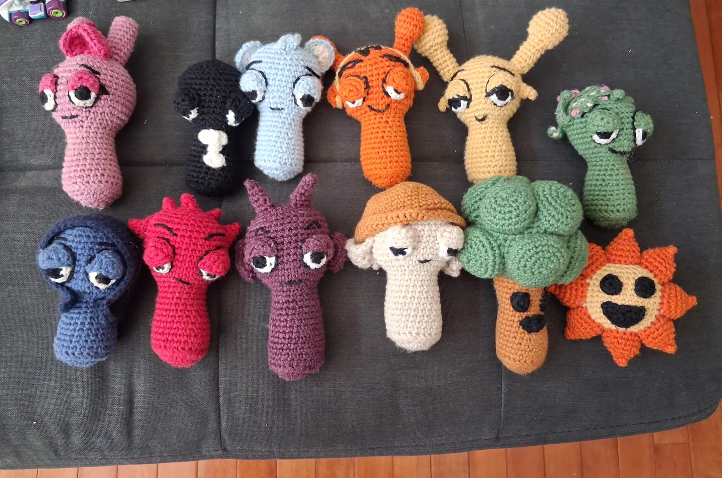 Thirteen crocheted Sprunki characters made by Anne R.
