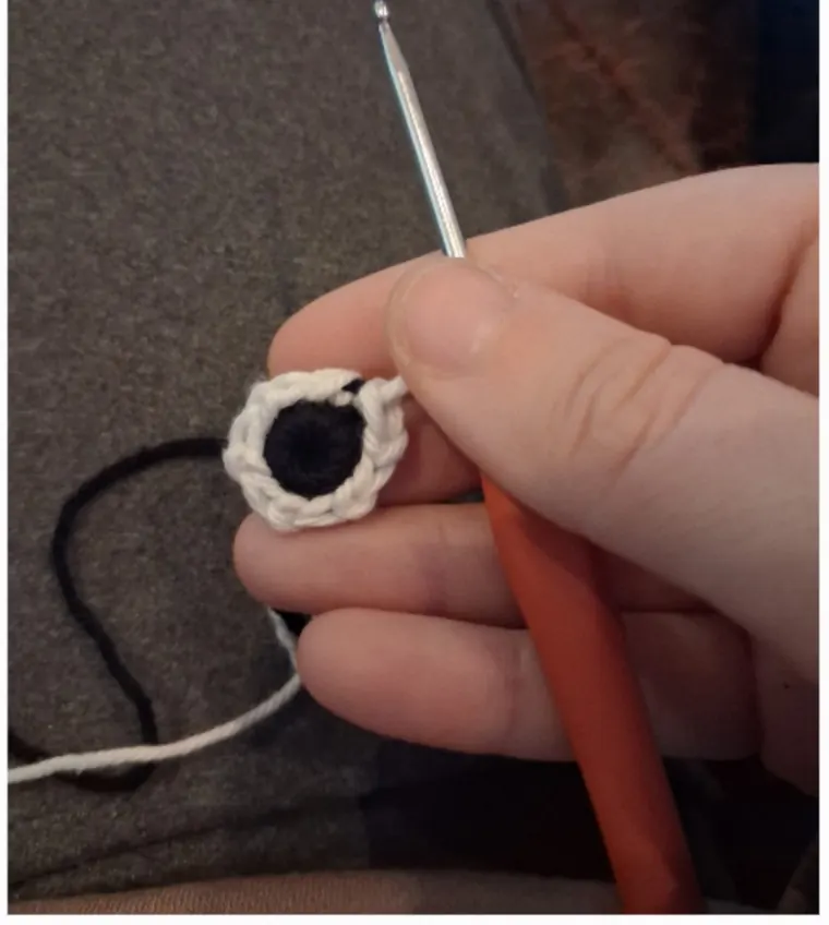 A finished black and white eye disc held next to the hook