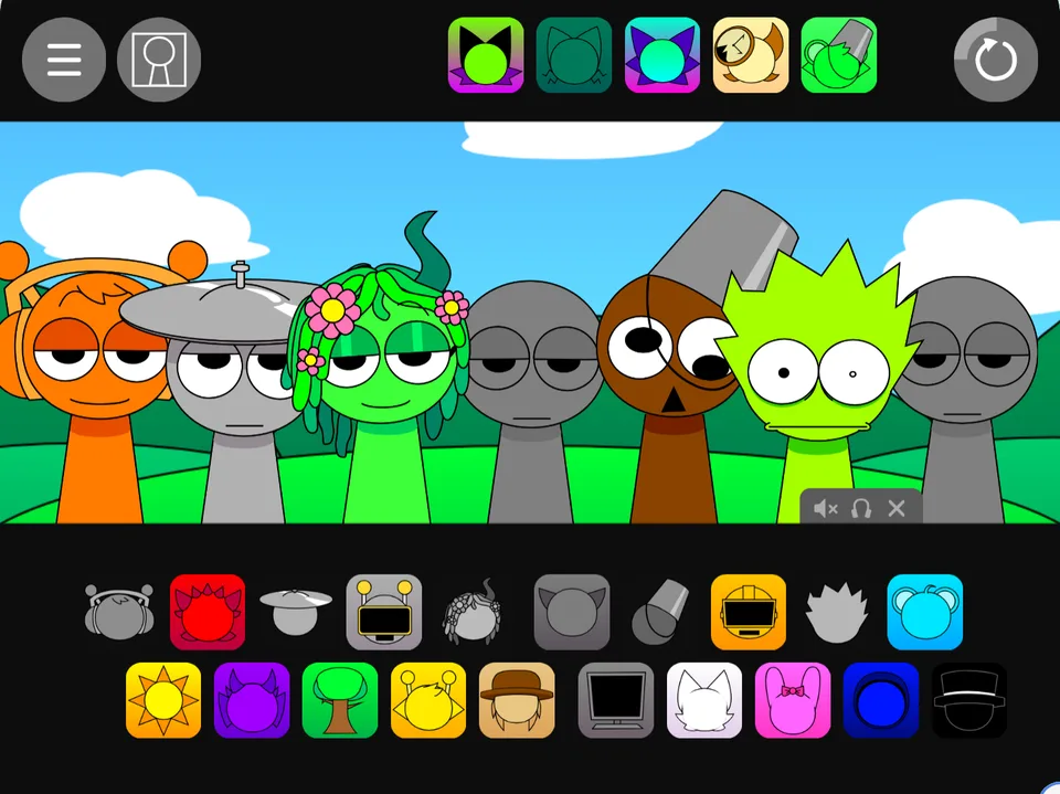 Sprunki Pyramixed stage in phase 1: seven colourful characters in a sunny green field, with five icons placed in the top bar