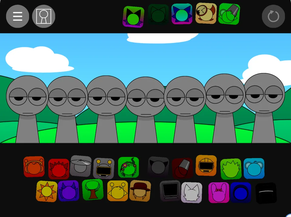 The same Sprunki Pyramixed stage in phase 2: every performer is grey with heavy dark eyelids, and the icon strip background has turned black