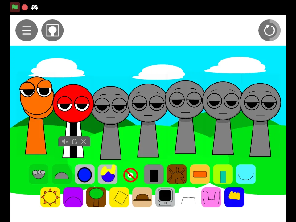 Rainbow Friends blue-sky stage after dragging two sound icons onto performers